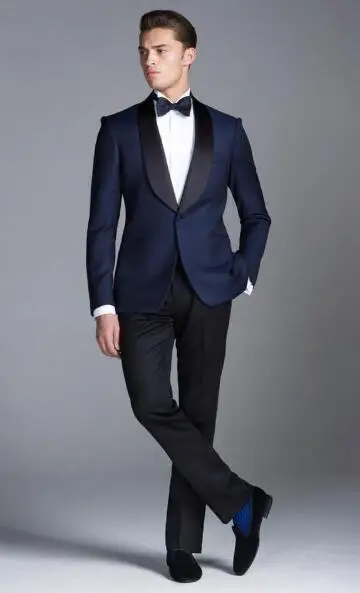 2018 последние конструкции пальто брюки темно-синий с атласными лацканами смокинг Свадебные деловые Вечеринка мужчин костюм Блейзер, куртка
