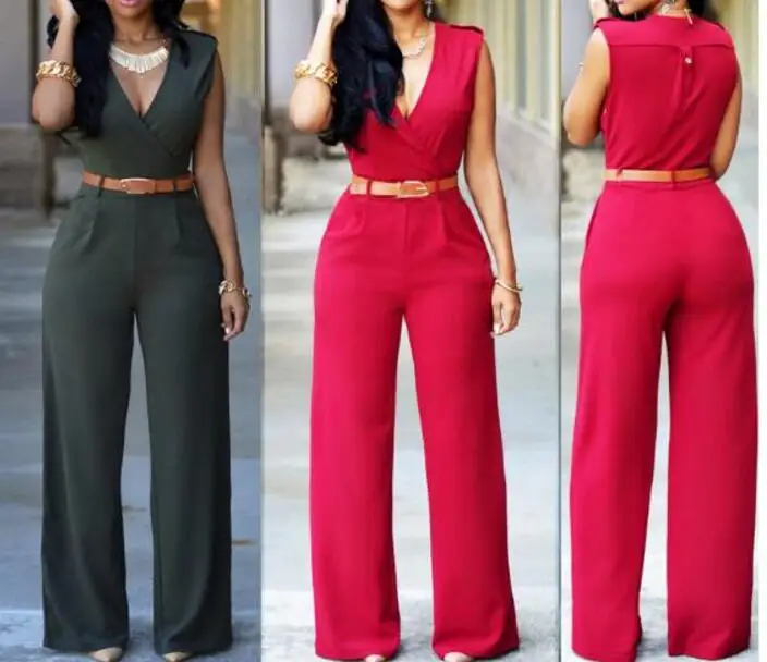 Women Jumpsuit Long Pants Rompers Sleeveless V-neck 2019 Summer Wide Leg Pants Jumpsuits With Belt Sexy Club Party Overalls