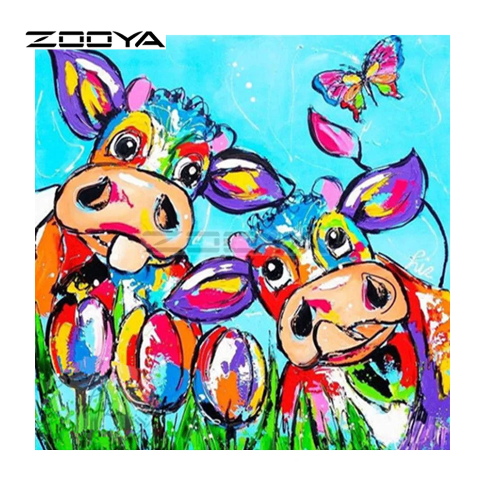 

ZOOYA 5D DIY Diamond Painting Cross Stitch Colored Animals Cows and Tulips Diamond Embroidery Mosaic Patterns Needlework BK682