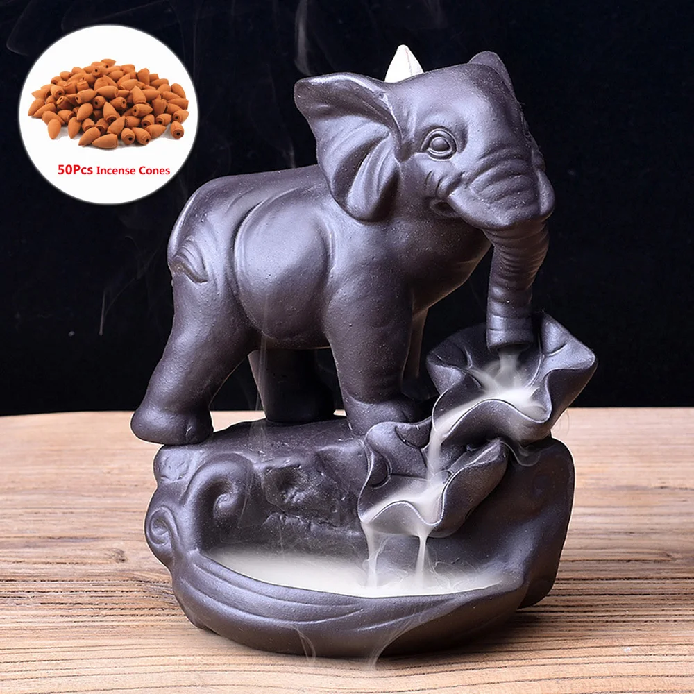 

High Quality Elephant Backflow Incense Burner Censer Waterfall Stick Coil Holder+50 Incense