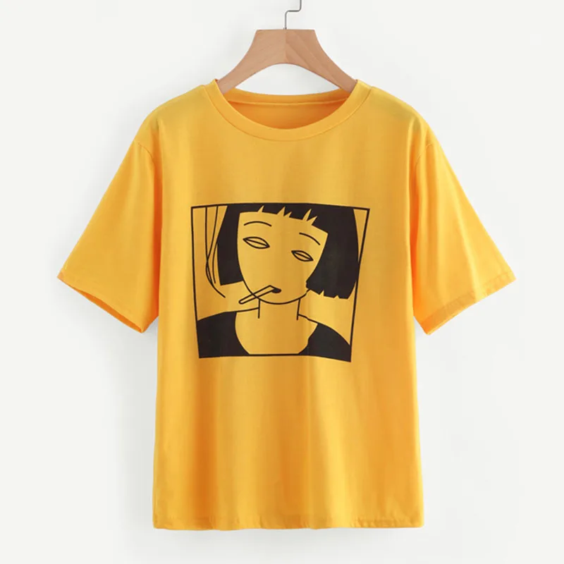 

2018 Summer Short Sleeved Girl's T shirt Printed Funny Tops&Tees Round Neck Cotton Shirt Oversize Yellow t shirt Women Hipster