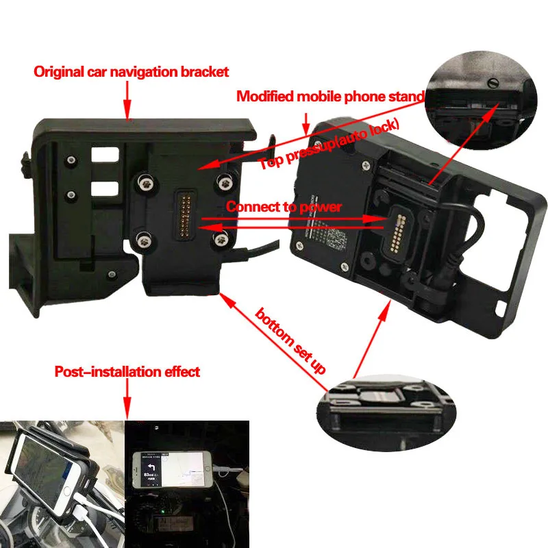 

Black Mobile Phone Navigation Bracket USB Phone Charging Mobilephone Holder For BMW R1200GS LC Adventure 13-17