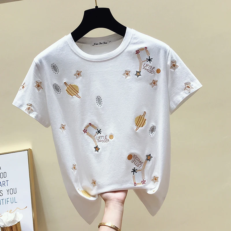 

Embroidery Cotton White Tshirt Women Tops Fashion Short Sleeve Vintage Female T-shirt Casual Black Tee Shirt Femme Summer 2019