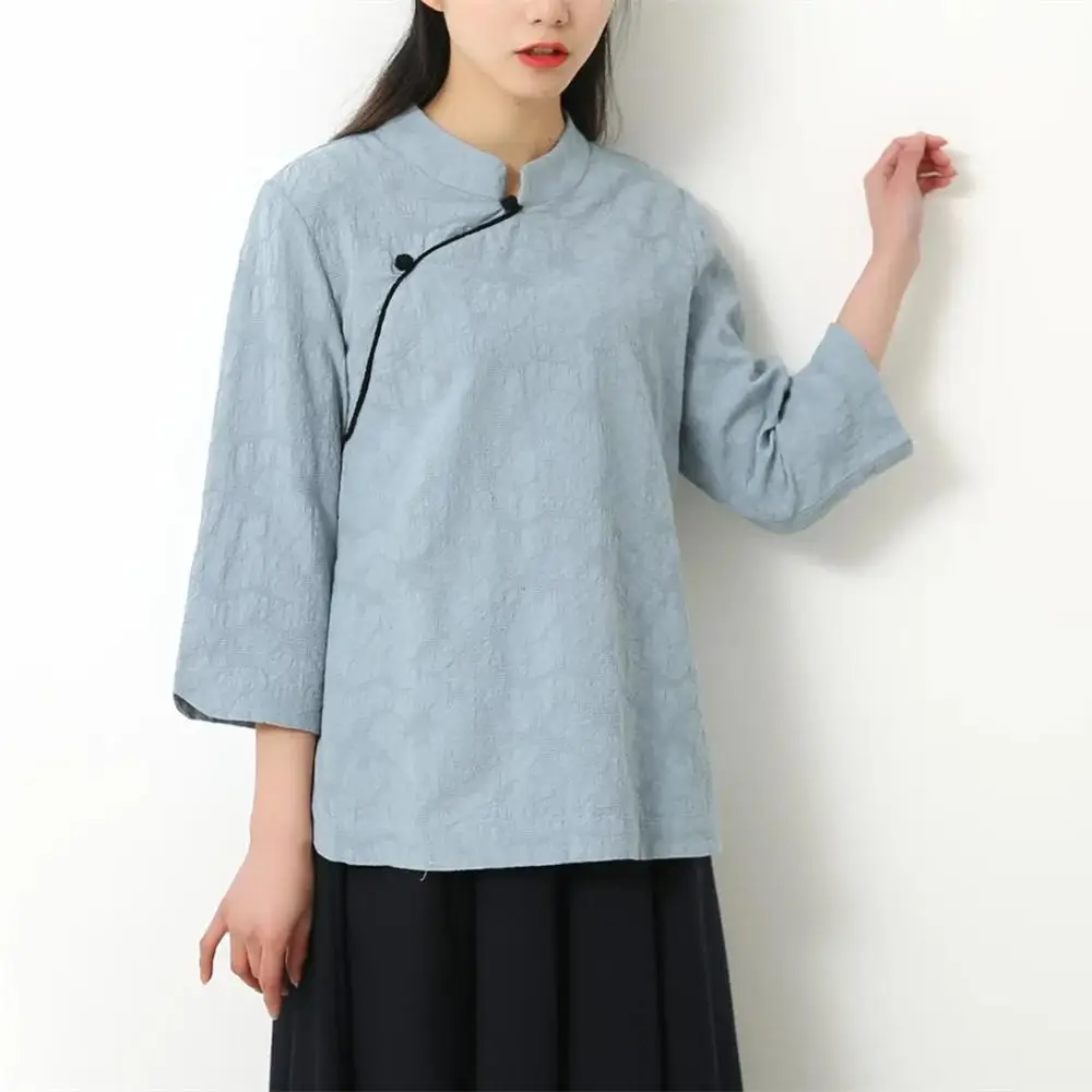 

Chinese Linen Tops 2019 New Summer Ethnic Clothing Jacquard Traditional Chinese Clothing For Women 3/4 Sleeve Chinese Tunic Top