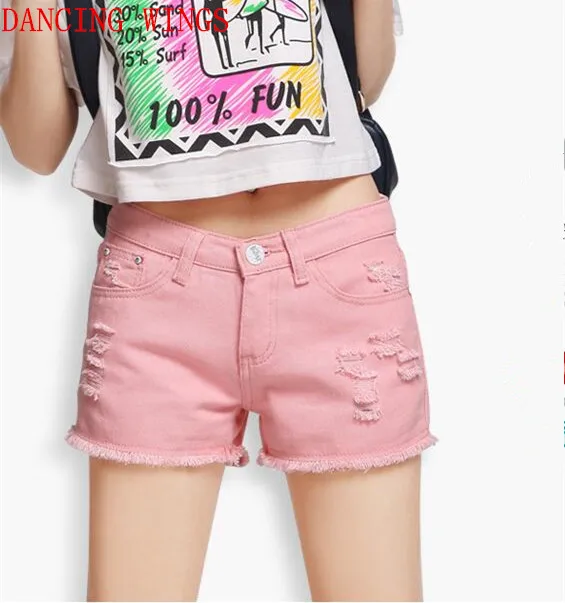 

Summer white pink denim shorts Ladies candy color low waist straight jeans shorts hole tassels cotton hot