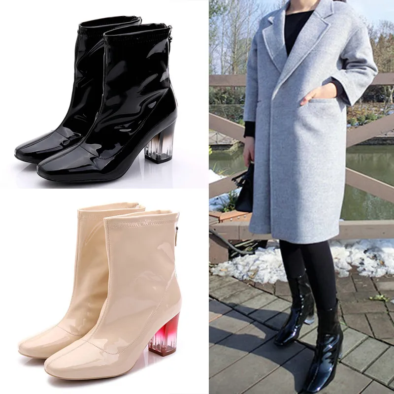 

2019 Luxury New Square Toe Transparent Heel Thick Mid-Calf Elastic Boots Patent Leather Women's Boots
