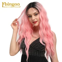 Ebingoo Pink Ombre Dark Roots Synthetic Lace Front Wigs with Baby Hair Long Water Wave Wig for Women Heat Resistant Fiber