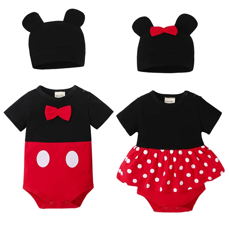 Baby boy girl clothes 2019 summer boy little girl clothes cute pattern short sleeve triangle hayi+ Mickey head cap 2 piece set