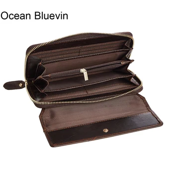 

OCEAN BLUEVIN New Wallet Men Leather Genuine Solid Men Wallets Leather Zipper Hasp Vintage Card Holder Long Carteira Masculina