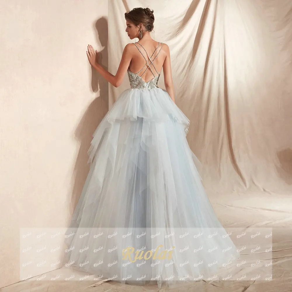 Luxury Evening Dresses Long 2018 V Neck Heavy Beaded Crystal Formal Dresses Evening Gowns for Women Party Dresses Cross Back