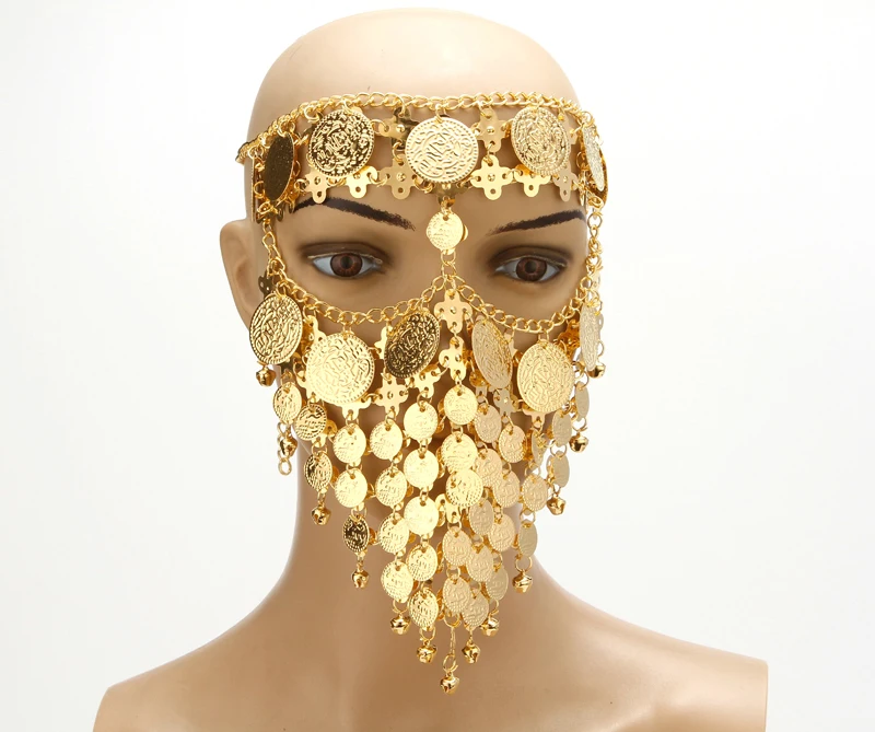 

Belly Dance Costume Headwear Coins Face Mask Veil Tribal Arab African Egypt Gold Plated Accessory