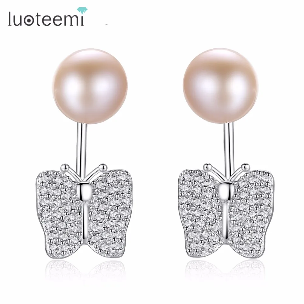 

LUOTEEMI Animal Drop Earrings 925 Sterling Silver Freshwater Natural Pearl Butterfly Shape Cute Elegant Exquisite Delicate