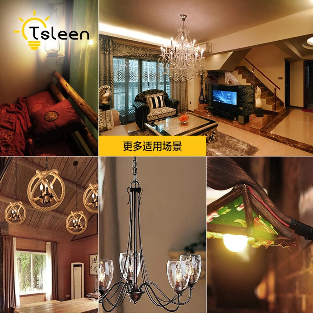 TSLEEN 6Pcs Dimmable Edison E14 LED Glass Housing Bulb C35 Candle Light E12 Filament Led Lamp 8W 110V 220V Replace Incandescent
