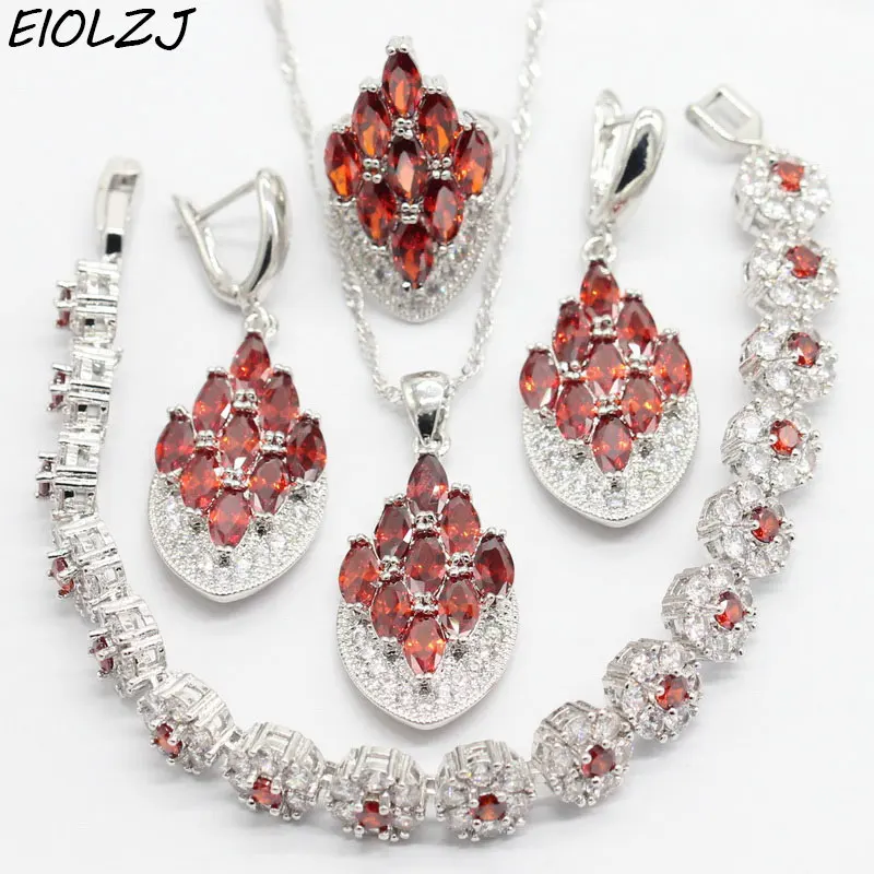 

Scarlet Cubic Zirconia Silver 925 Jewelry Sets for Women Wedding Set of Four Necklace Dangle Earrings Ring Bracelet Jewelry Box