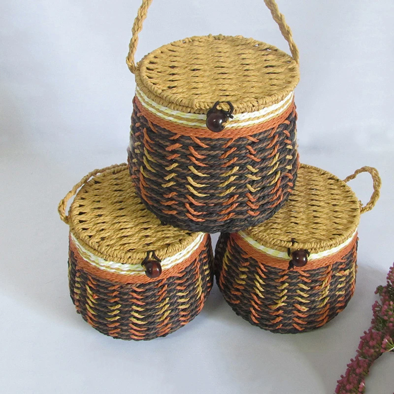 Straw rope storage jar desktop cosmetic snacks Headphone data cable tea storage box living room tea packaging debris organizer