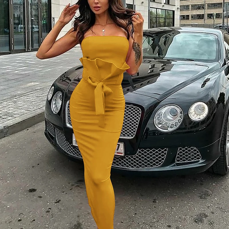

Summer Women Dress Sexy Slim Strapless Bow Knot Solid Party Evening Elegant Ladies Dress