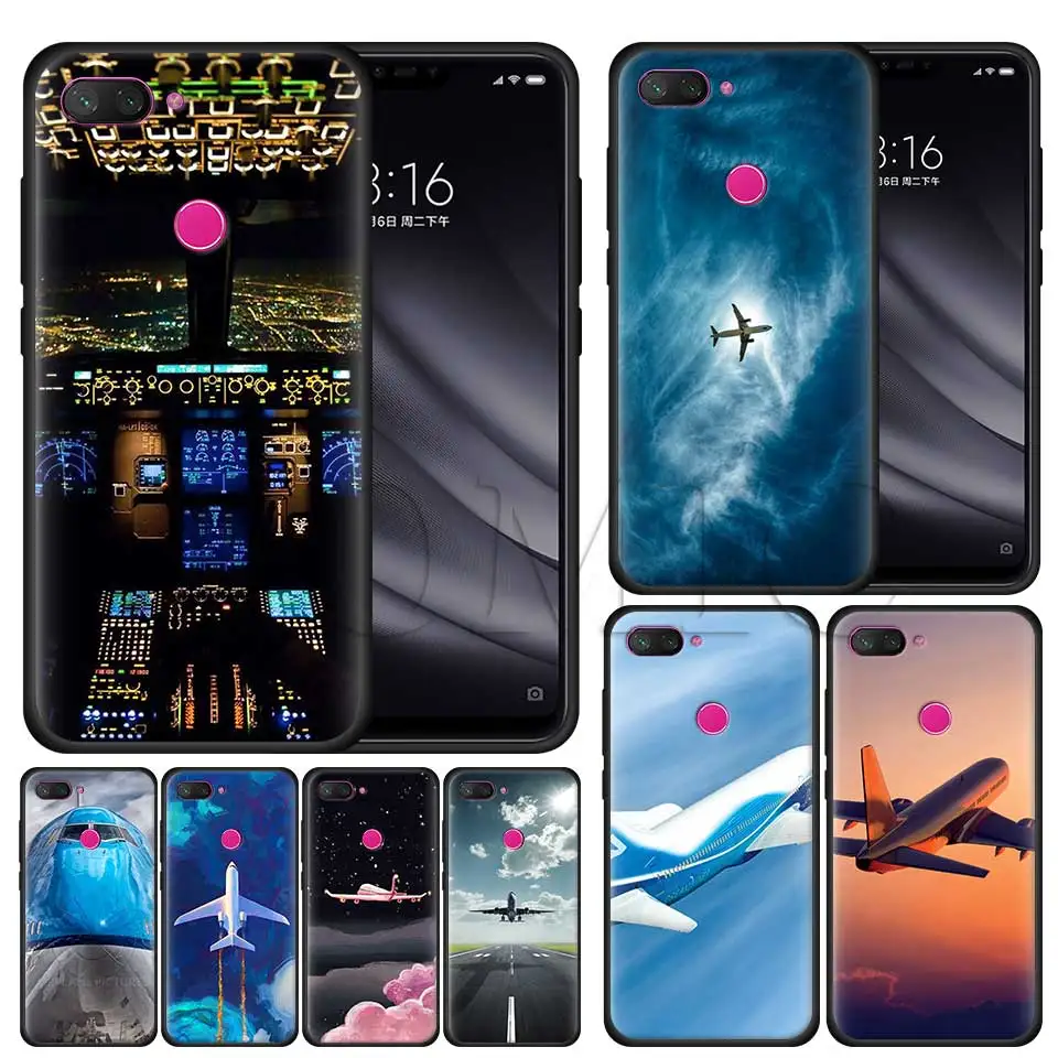 

Silicone Case for Xiaomi 8 A2 Lite A1 5X 6X poco F1 Play Redmi K20 Pro Note 7 6 Black Case Cover Aircraft Plane Airplane