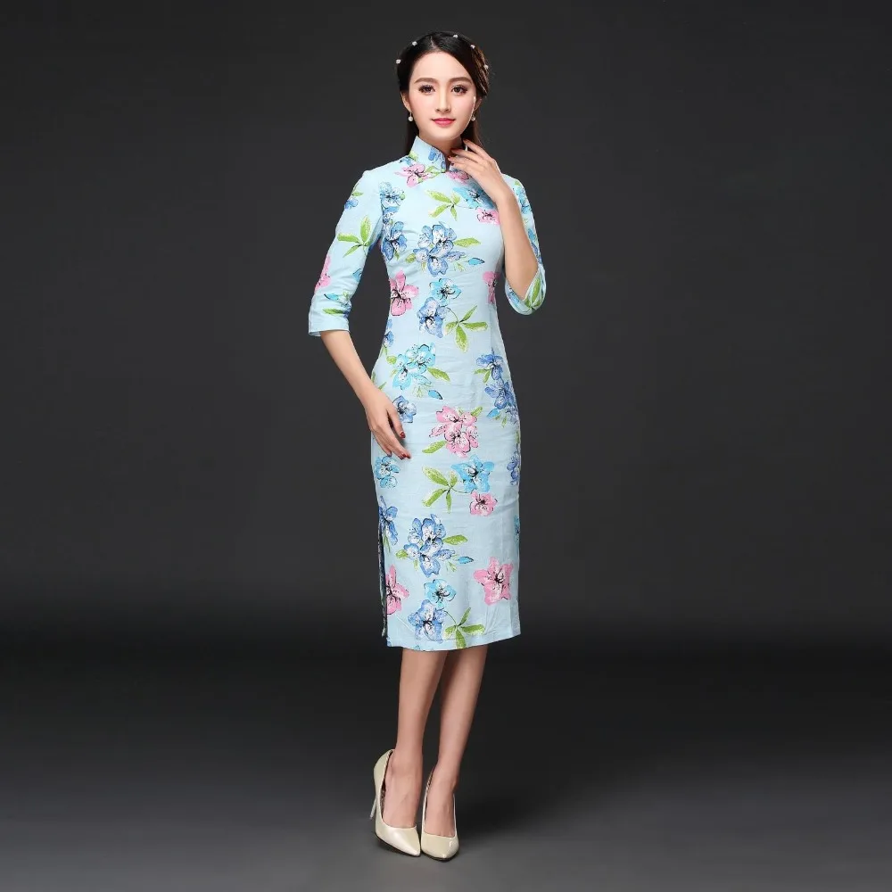 Китайское традиционное платье размера плюс 4XL, женское хлопковое льняное Cheongsam Qipao, Летнее Длинное платье с рукавом три четверти