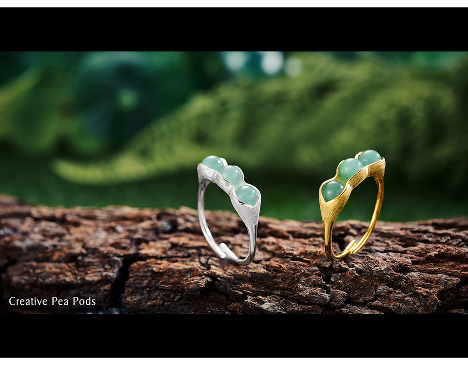 Lotus Fun Moment реальные 925 пробы серебро Винтаж модные украшения натуральный зеленый камни Творческий Горох стручки дизайн кольца