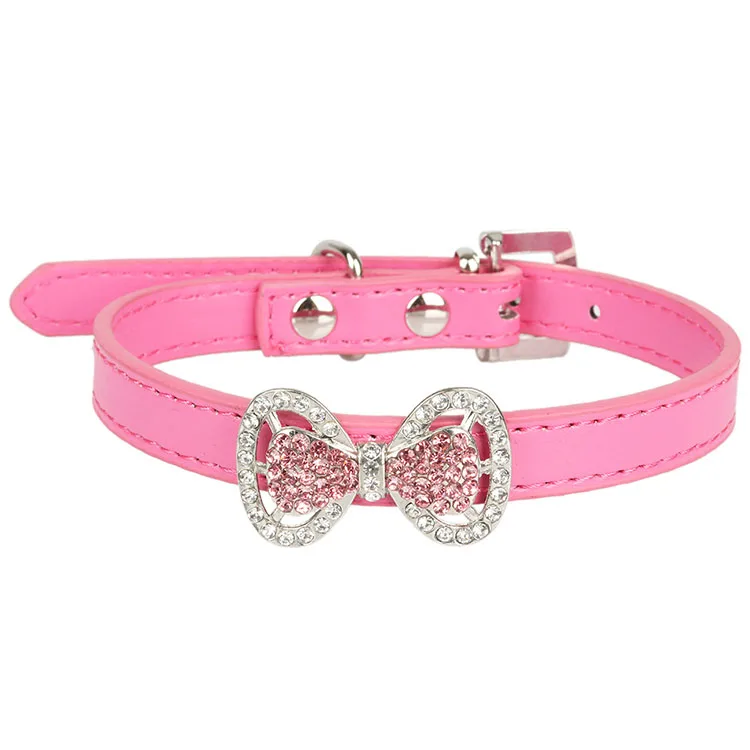 hot pink Ошейники для кошек симпатичный с кристаллами Bowkot ошейник из искусственной кожи ожерелье XS-S для кошки котенка зоотовары для кошек поставка kat halsband - Цвет: hot pink