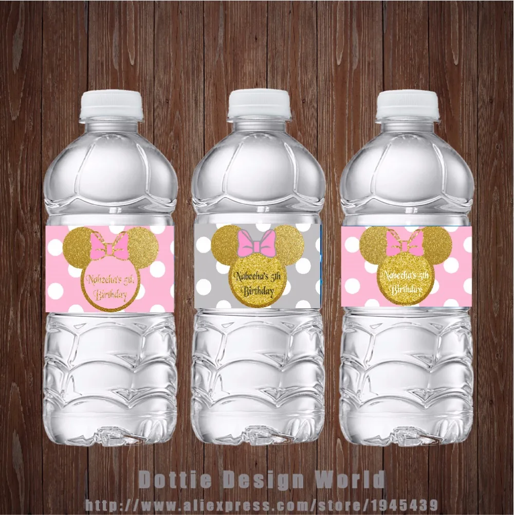 

20 pcs/lot Gold Pink Dot Minnie Mouse Birthday Water Bottle Labels Candy Bar wrapper Girls Baby shower Birthday party decoration