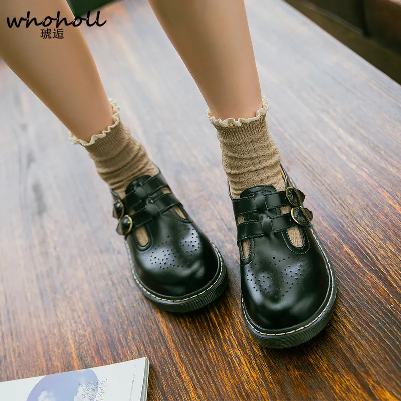 

WHOHOLL Women Cosplay Maid Shoes Comiket Black Brown Low Square Heels Double Buckle Straps Leather Kawaii Princess Lolita Shoes