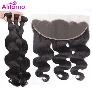 

Alitomo Remy Hair With Frontal Body Wave Hair 3 Bundles With Frontal Peruvian Human Hair Bundles With Lace Frontal Closure 13*4