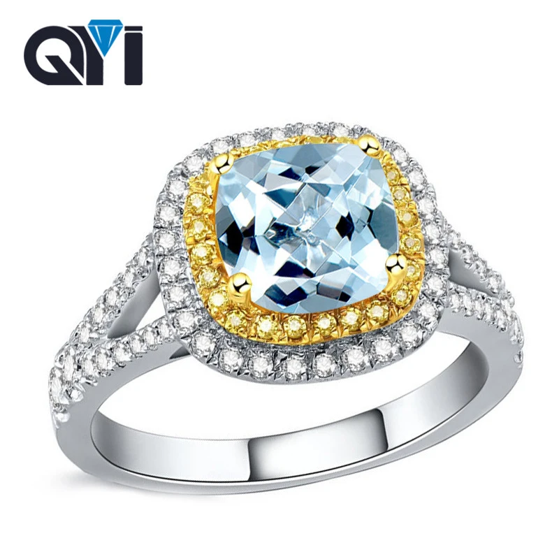 QYI Подушка с изображением драгоценного камня с Природный Голубой топаз кольцо Solid 925 серебро 2,5 КТ двойной Halo Обручение обручальное кольцо ча... QYI Подушка с изображением драгоценного камня с Природный Голубой топаз кольцо Solid 925 серебро 2,5 КТ двойной Halo Обручение обручальное кольцо ча...
