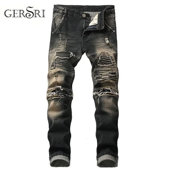 

Gersri Jeans Casual Fashion Patchwork Hole Destroyed Beggar Cropped Jeans Pants Cowboys Demin Pants Hip Hop Streetwear