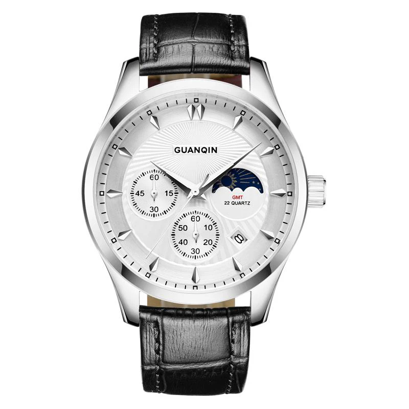 

GUANQIN GQ80069 Moon phase GMT Luxury Brand Watches Men Fashion Leather Quartz Watch Luminous Wristwatch relogio masculino