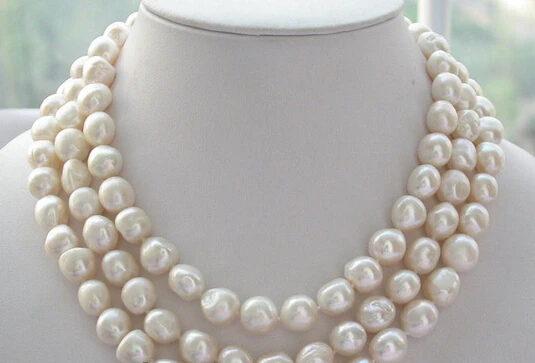 

HOT 003306 NATURAL 3row 10mm white baroque freshwater pearl necklace
