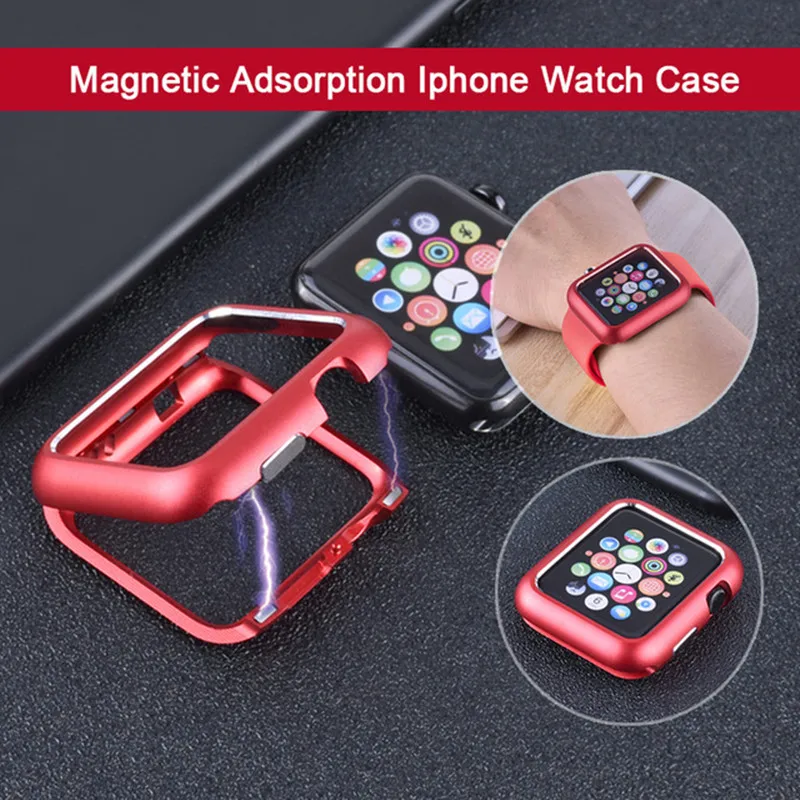 

Magnetic Adsorption Metal Aluminum Frame Protective Case Silicone Strap For Apple Watch 38 42MM Series 1 2 3 4 40 44MM Cover