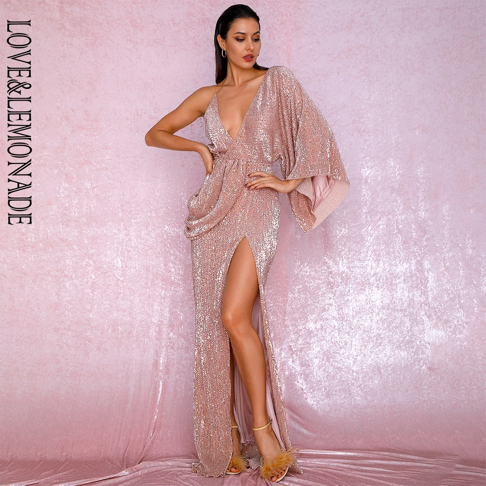 Most Popular J2Eco LOVE&LEMONADE Sexy Rose Gold V Neck Single Sleeve Sequins Split Party Maxi Dress LM81848 Autumn/Winter