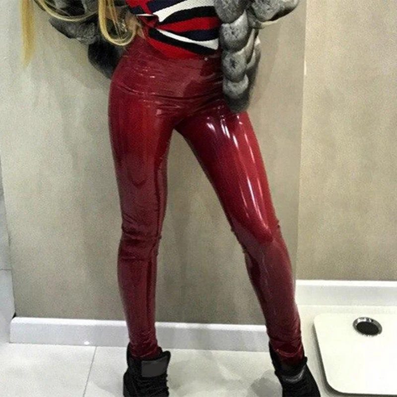 ZEBERY Высокая талия плотные однотонные брюки из искусственной кожи женские облегающие узкие брюки-карандаш облегающие брюки в стиле хип-хоп крутые черные и красные