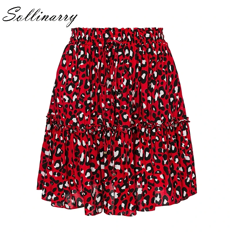 Sollinarry, красные леопардовые юбки с оборками, Осень-зима, Женская Сексуальная мини-юбка в стиле бохо, Ретро стиль, повседневная трапециевидная короткая юбка с высокой талией для девочек