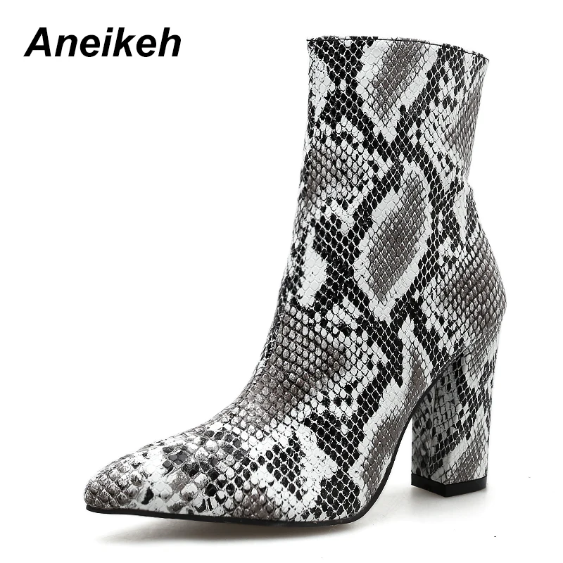 

Aneikeh 2019 Spring Autumn Fashion Mid-Calf Riding Equestrian Boots Pointed Toe Square High Heels Women's boots Leopard print 40