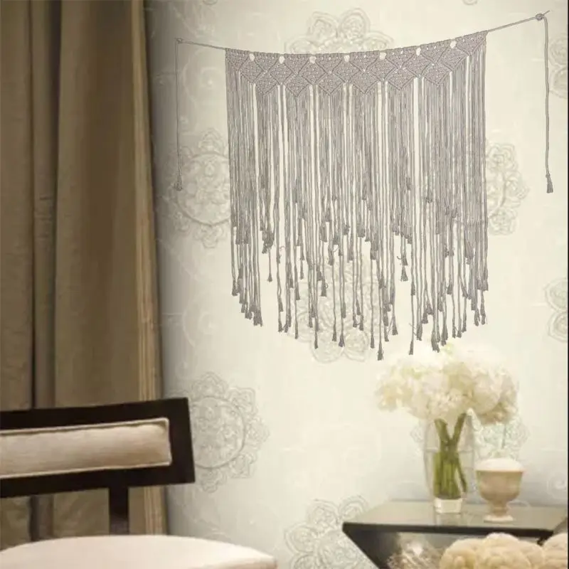 

Bohemian Hand Knotted Macrame Wall Art Handmade Cotton Wall Hanging Tapestry with Lace Fabrics Wedding Decoration