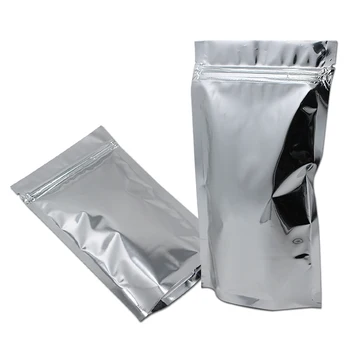 

200Pcs/ Lot Stand Up Sillver Glossy Zip Lock Aluminum Foil Storage Bag For Coffee Nuts Package Mylar Zipper Doypack Pack Pouches