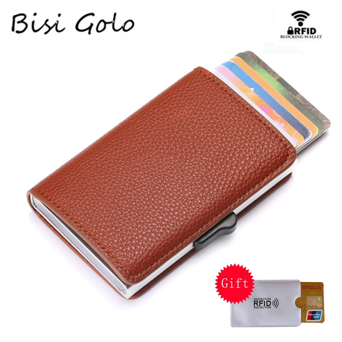 

BISI GORO 2019 New Credit Card Holder RFID Blocking Card Wallet for Travel Aluminum Box Fashion Soft Leather Slim Card Case