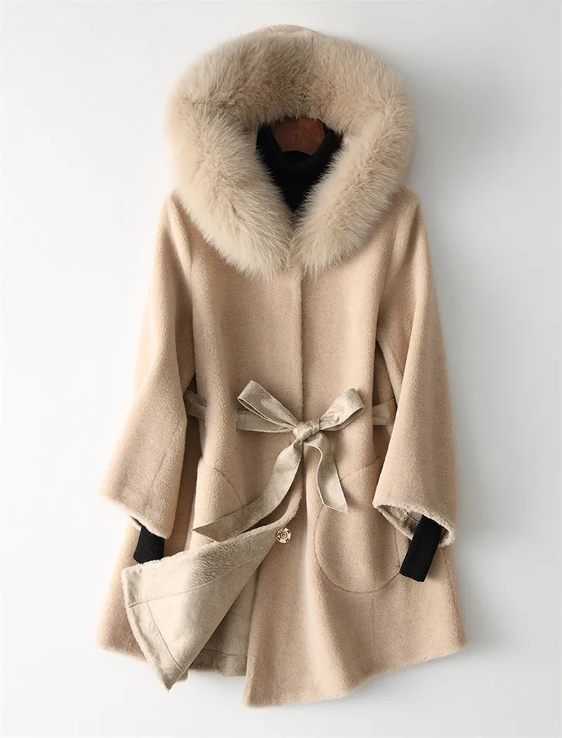IOQRCJV шуба натуральная овечья стрижка длинное зимнее пальто женская одежда новая шерстяная куртка воротник из лисьего меха Abrigos Mujer R818 - Цвет: M beige