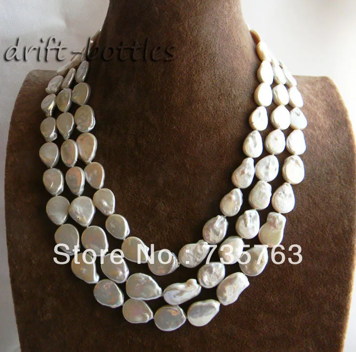 

HOT 00381 3Strands 18''13mmx17mm White Baroque Coin Freshwater Pearl Necklace
