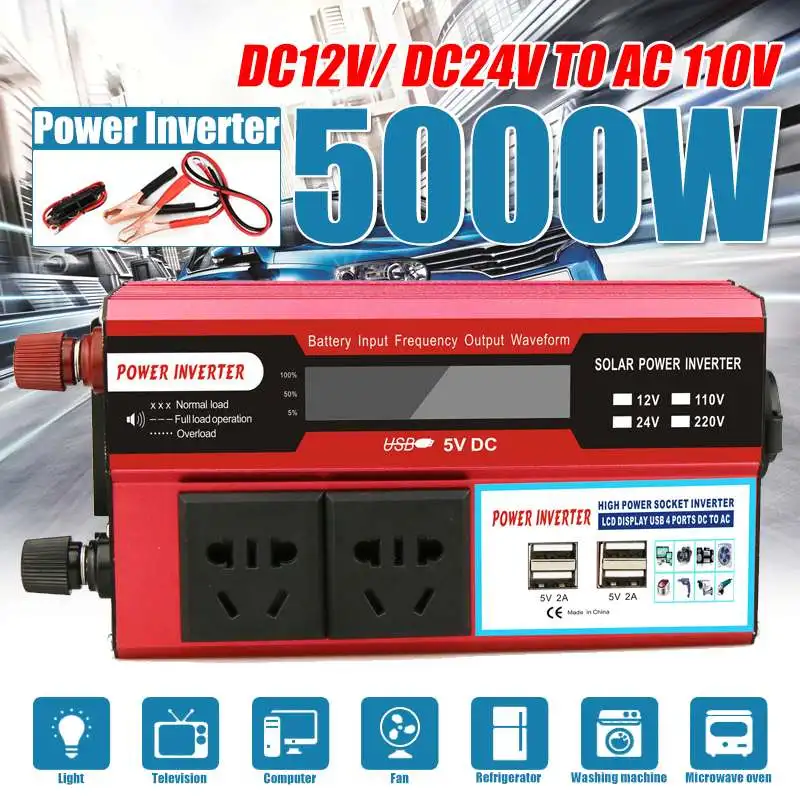 

5000W 4 USB Solar Power Inverter DC 12/24V to AC 110V Car Adapter Charge Converter LCD Display Modified Sine Wave Transformer