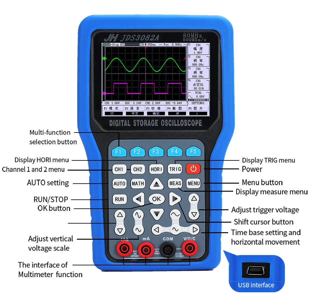 Портативный осциллограф Jinhan 2019JDS3082A JDS3051A цифровая память 50 м/70 м/80 МГц Портативный осциллограф мультиметр осциллограф