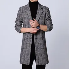 Korean Style Men Slim Fit Plaid Trench Coat Windbreaker Autumn Winter Men Gray Trench Coat Long Jacket Overcoat Plus Size M-6XL