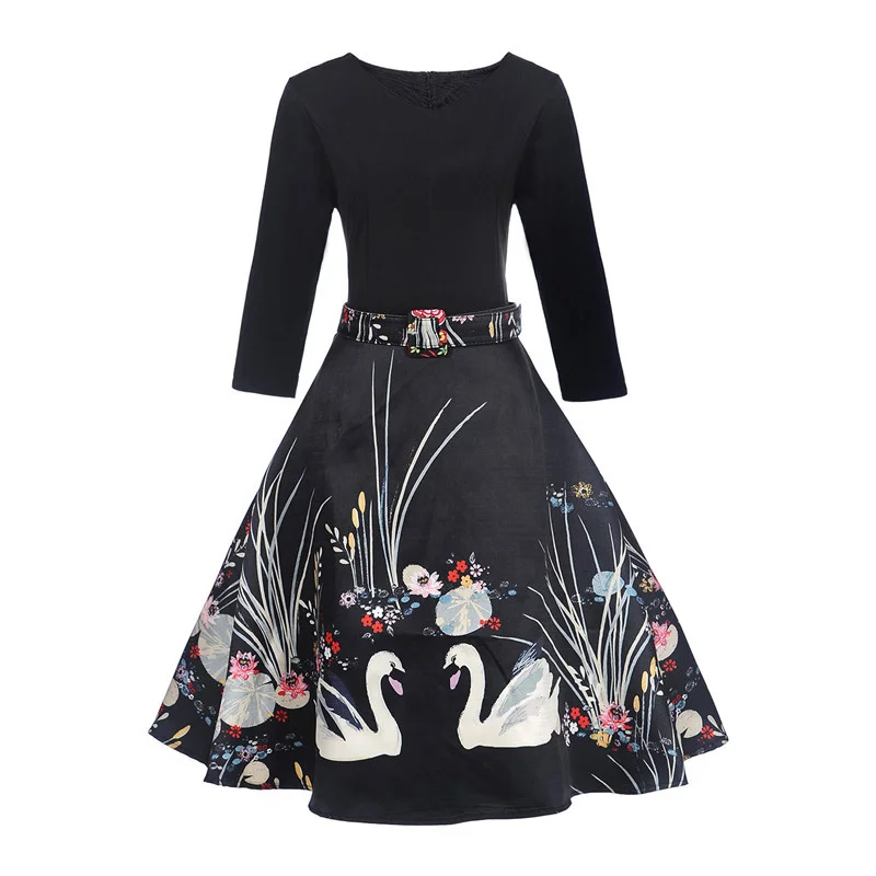 

Joansam European Size Vintage Black Stitching Swan Printing Dress Women Retro Vintage Elegant Tunic 1950s 60s 80s Vestidos Plus