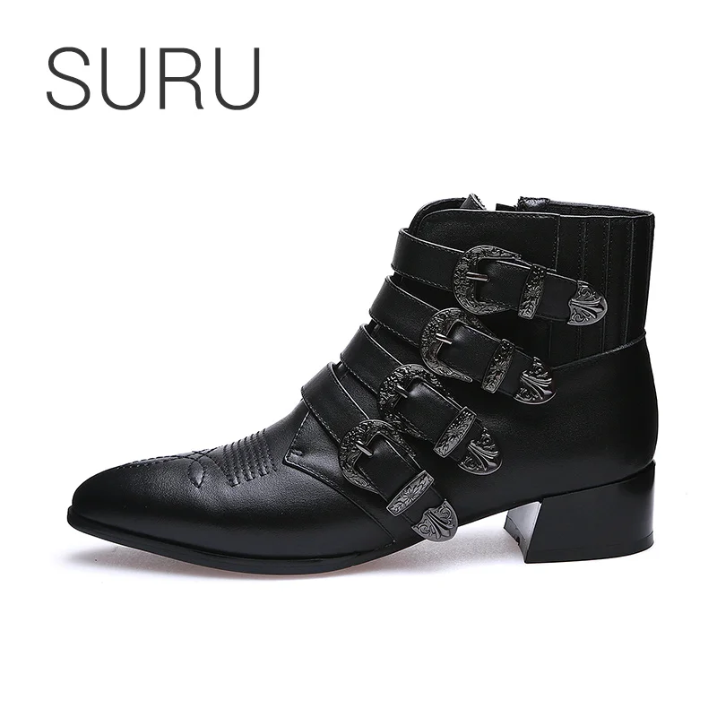 

SURU Ladies Leather 4 Strap Buckle Ankle Booties Black Low Flare Heel Short WesternBoots For Women