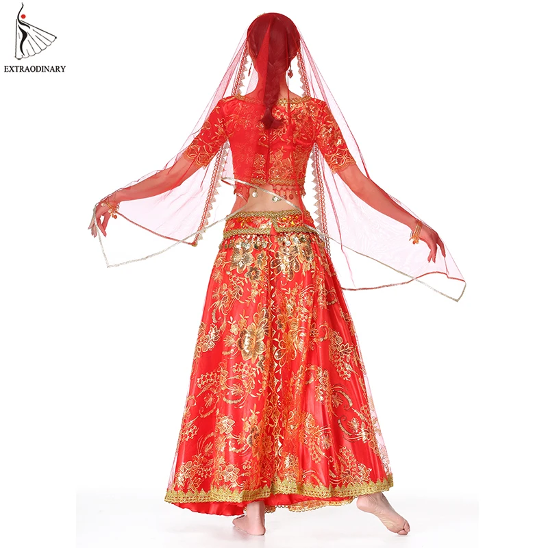 Bollywood Dance Performance Indian Dresses for Women - Costume Belly Dance Suits: Tops, Sleeve Coins (4pcs Set) - Top, Belt, Skirt, Veil image 4