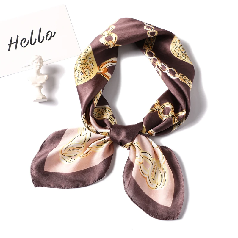 Роскошный брендовый Элегантный женский квадратный шелковый шарф на шею, атласный шарф, обтягивающий Ретро галстук для волос, небольшой модный квадратный шарф 70x70 см - Цвет: FJ124 coffee
