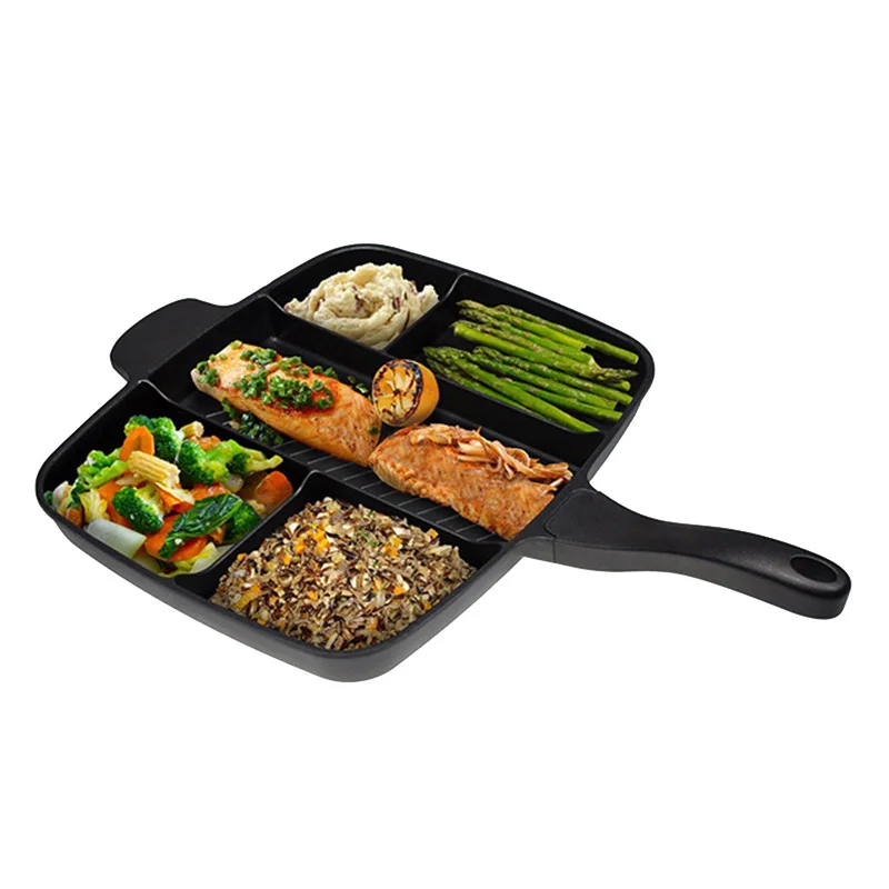 

Multi-purpose separation pot Fryer Pan Non-Stick 5 in 1 Fry Pan Divided Grill Fry Oven Meal Skillet 15" Black