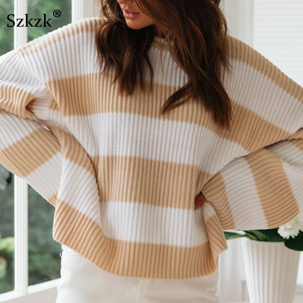 Pаспродажа Szkzk Женский пуловер вязаный осенний джемпер Свободный Полосатый свитер осенняя одежда женская 2019 длинный рукав вязаный Топ зимние свитера
